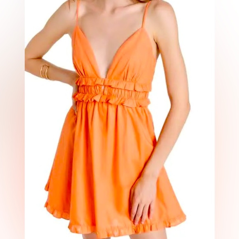 This very pretty Tangerine Colored Ruffle Cutout  Linen and Cotten Sundress🍊😘